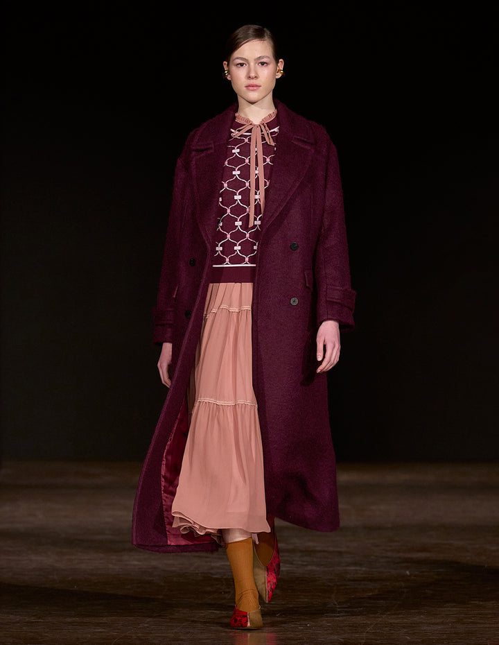 MARYLING Notched Collar Double-Breasted Angora Red Long Coat