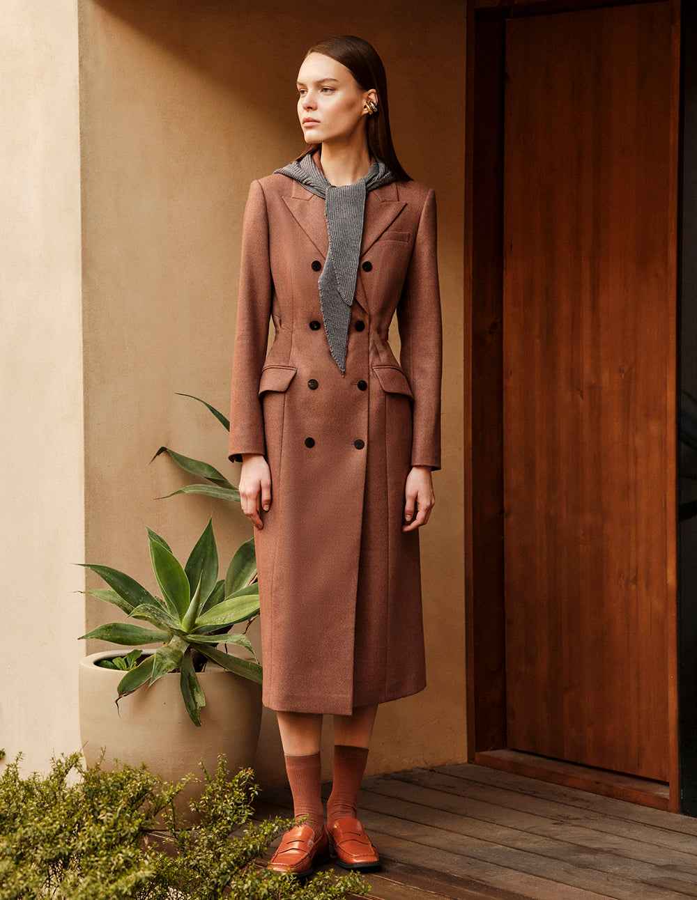 MARYLING Taupe Peak Lapel Double-Breasted Long Wool Coat