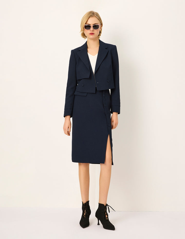 MARYLING Notched Lapel Long-Sleeve Double-Breasted Cropped Blazer