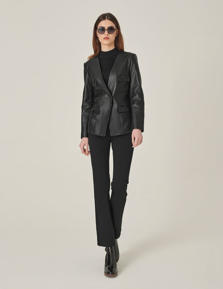 MARYLING Black Collarless Lambskin Blazer With Multiple Pockets