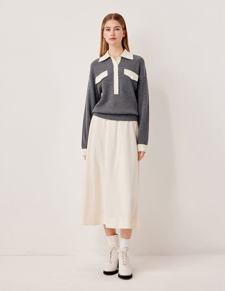 MARYLING Collar Ribbed Knit 100% Wool Pullover