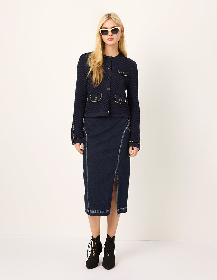 MARYLING White Trim Slit Knee-Length Denim Skirt