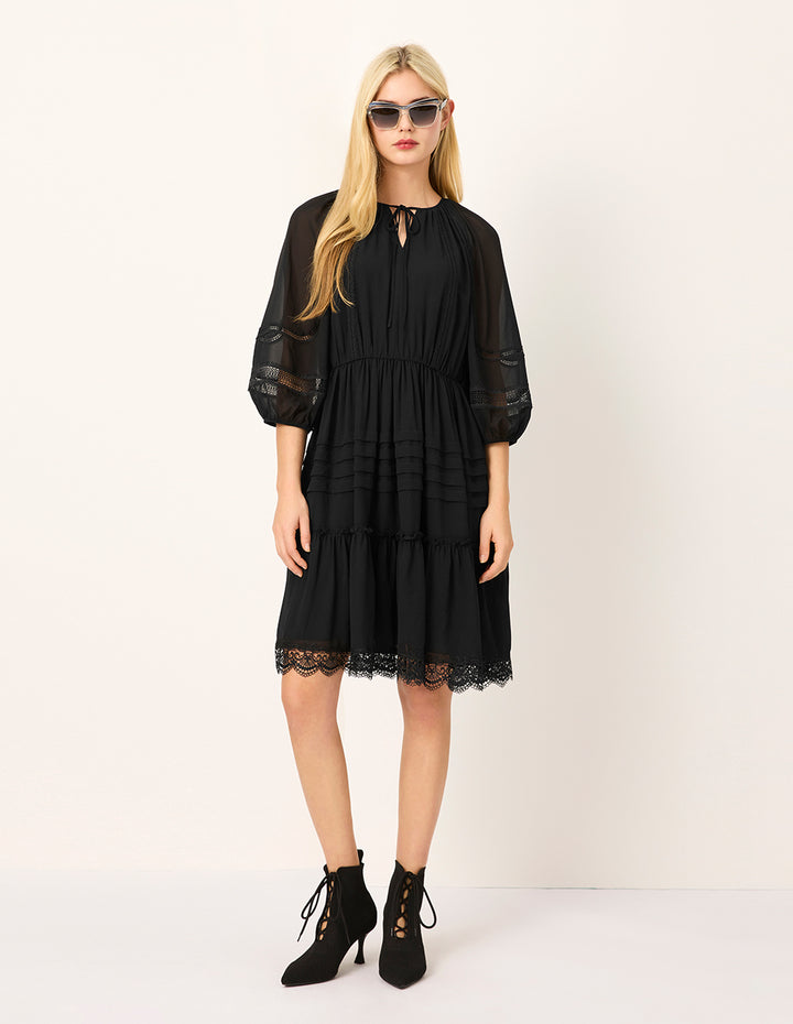 MARYLING Tie V-Neck Sheer Puff Long-Sleeves Empire-Waist Lace-Trim Flounce Silk Midi Dress