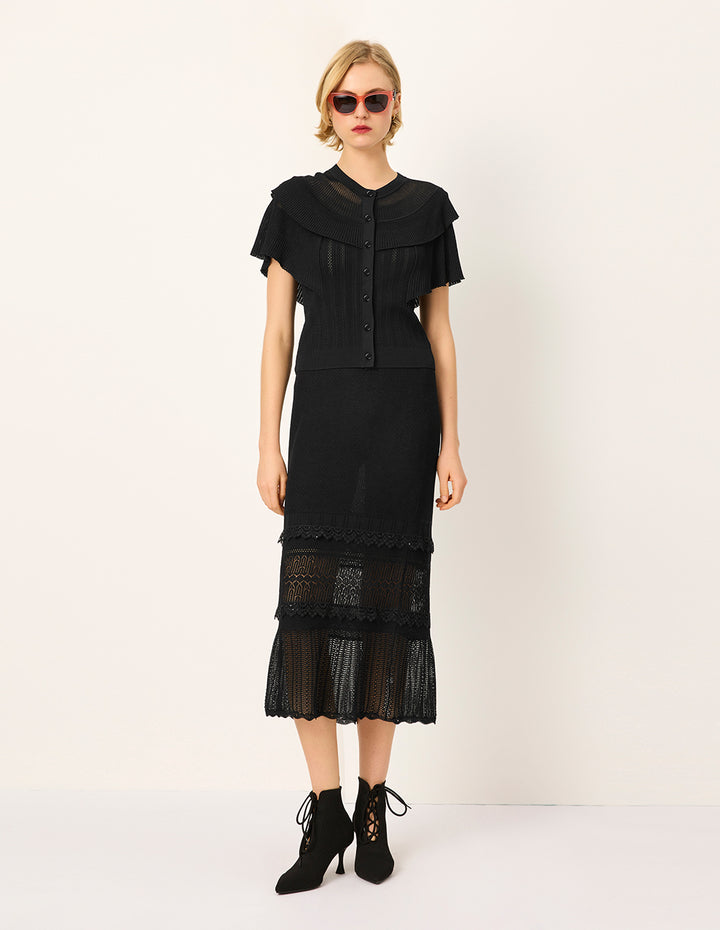 MARYLING Round Neck Double Layer Ruffled-Trim Knit Cardigan