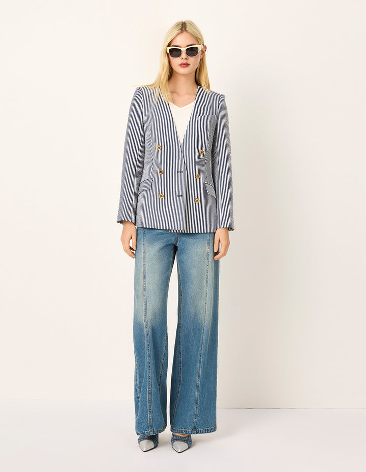 MARYLING V-Neck Long-Sleeve Double-Breasted Striped Wrap Blazer