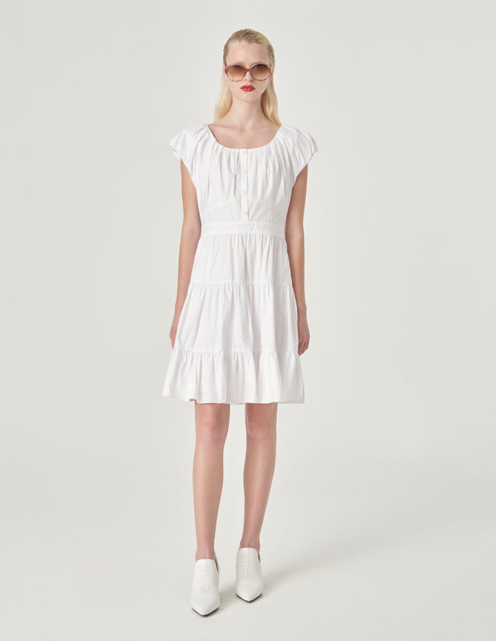 MARYLING Puff Sleeve Pleated Cotton Dress