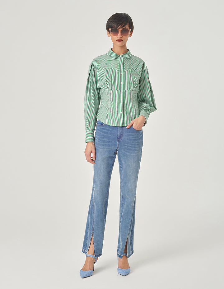 MARYLING Green And White Striped Cotton Blouse