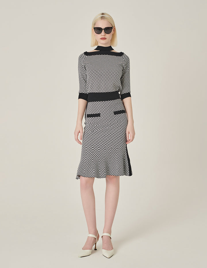 MARYLING Black And White Herringbone Off-Shoulder Mid-Sleeve Knitted Pullover