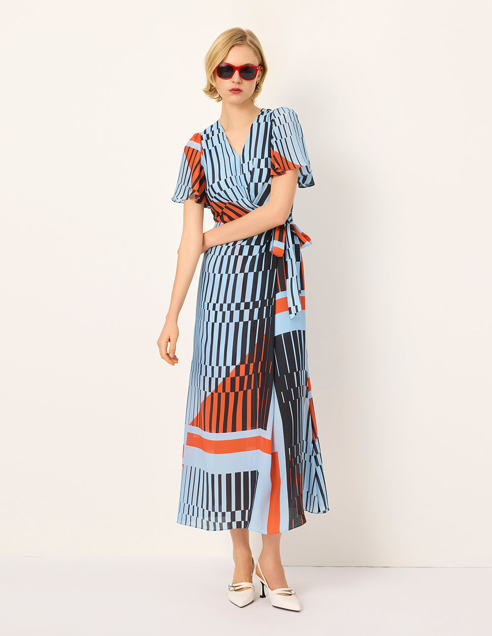 MARYLING V-Neck Short-Sleeve Wrap Empire-Waist Print Tie Silk Midi Dress