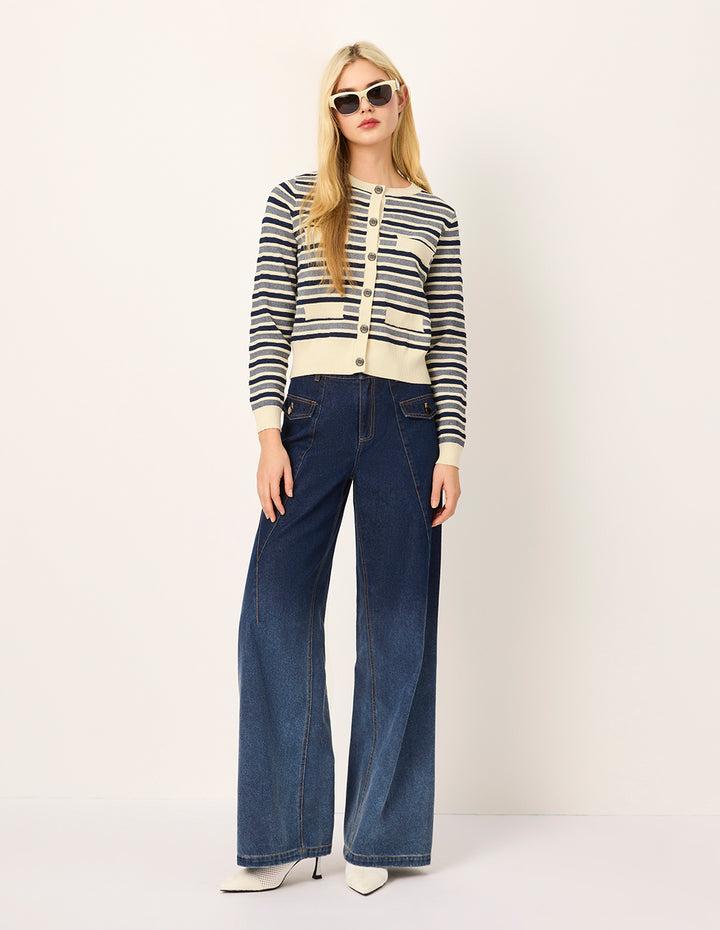MARYLING Round Neck Long Sleeve Striped Mutil-Pockets Cardigan