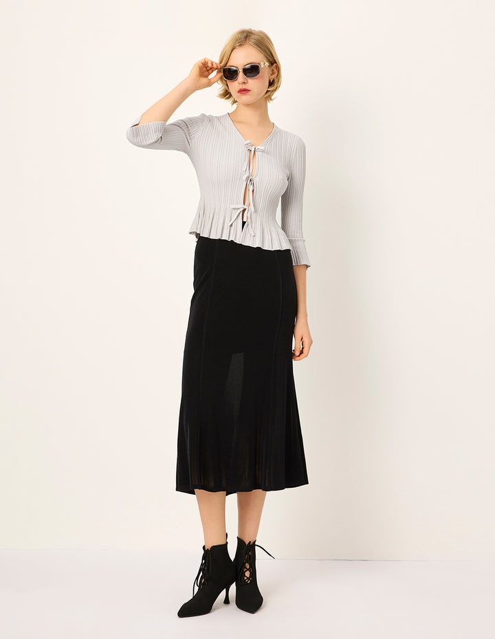 MARYLING V-neck Long-Sleeve Tie Ribbed Textured Knitted Cardigan