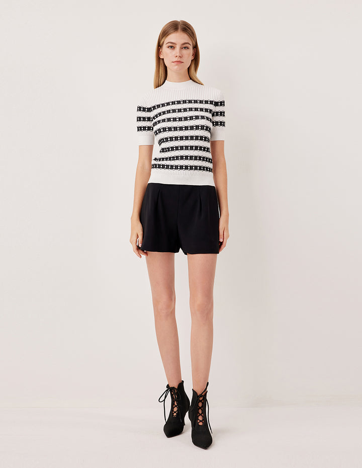 MARYLING Round Neck Short Sleeve Lace Textured Stripe Knit Top