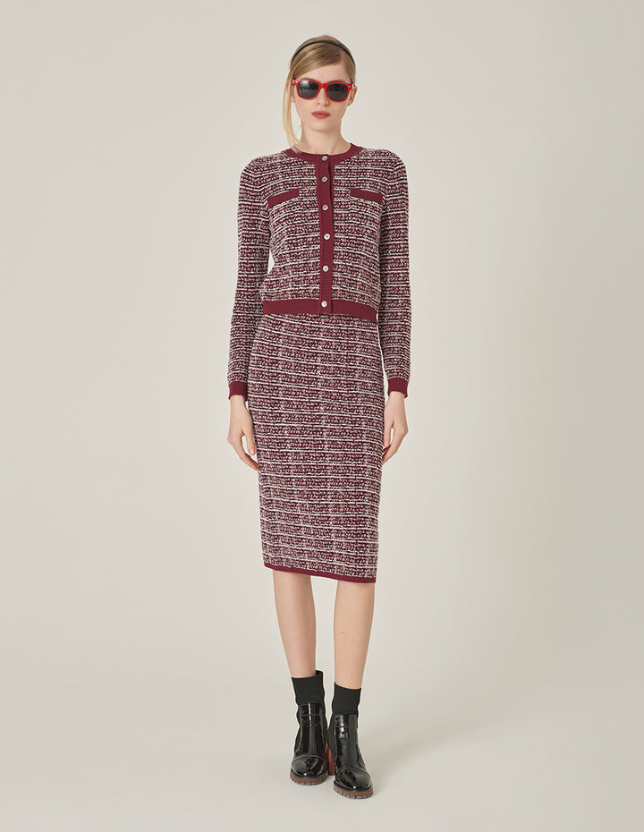 MARYLING Red & Black Plaid Imitation Tweed Knitted Knee-Length Straight Skirt