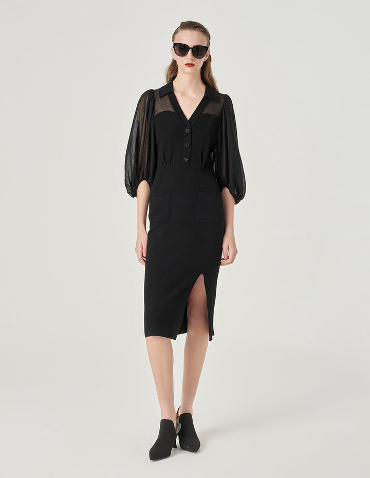 MARYLING Black Puff Sleeve Knitted Dress