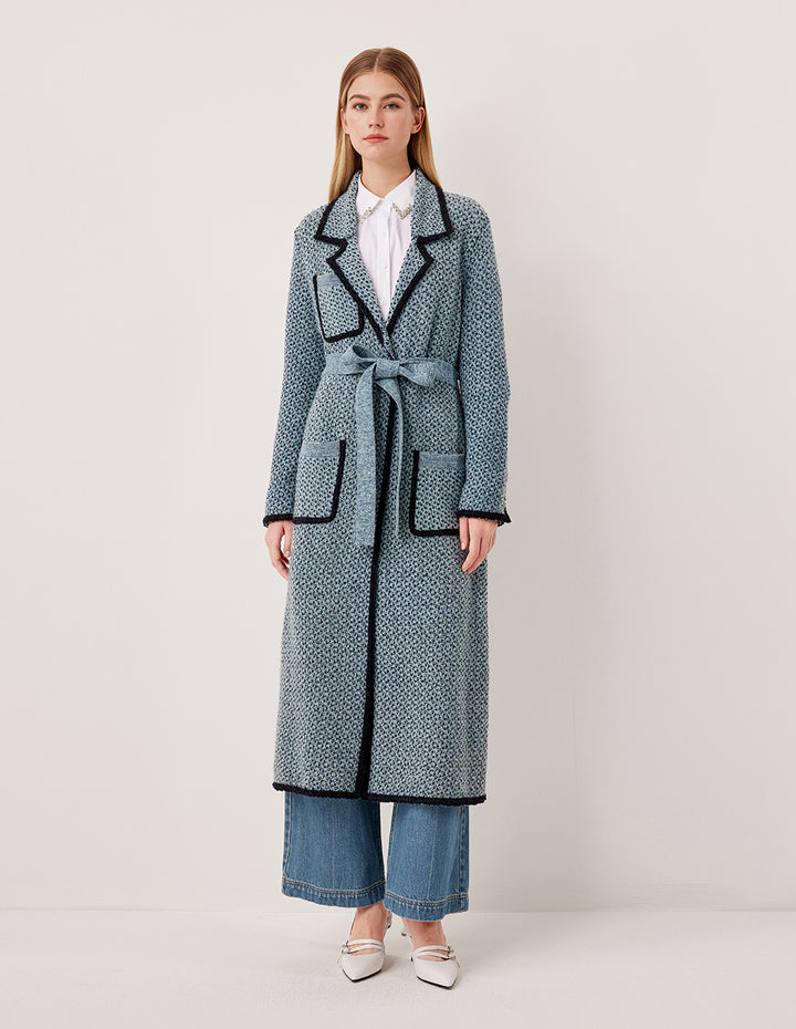 MARYLING Peaked Lapel Black Trim Wrap Long Knit Cardigan with Belt