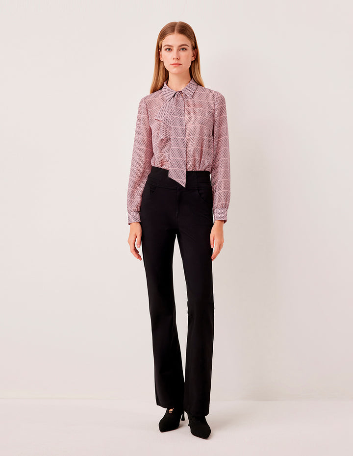 MARYLING Lapel Bow-Tie Long Sleeve Plaid Sheer Blouse