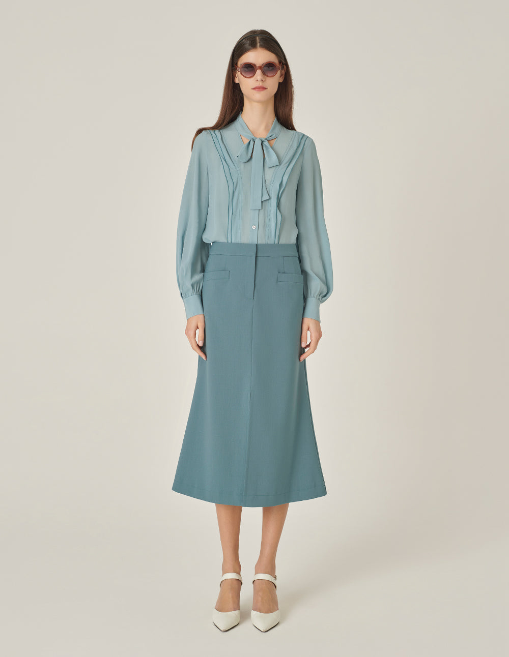 MARYLING Mist Blue Mid-Front Slit Knee-Length A-Line Skirt
