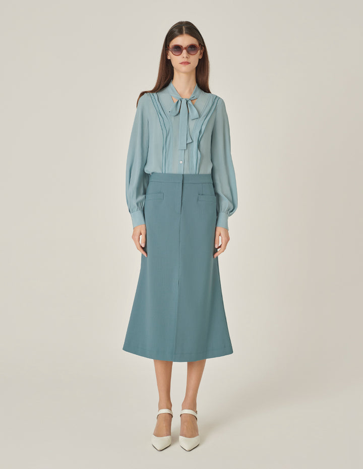 MARYLING Mist Blue Mid-Front Slit Knee-Length A-Line Skirt