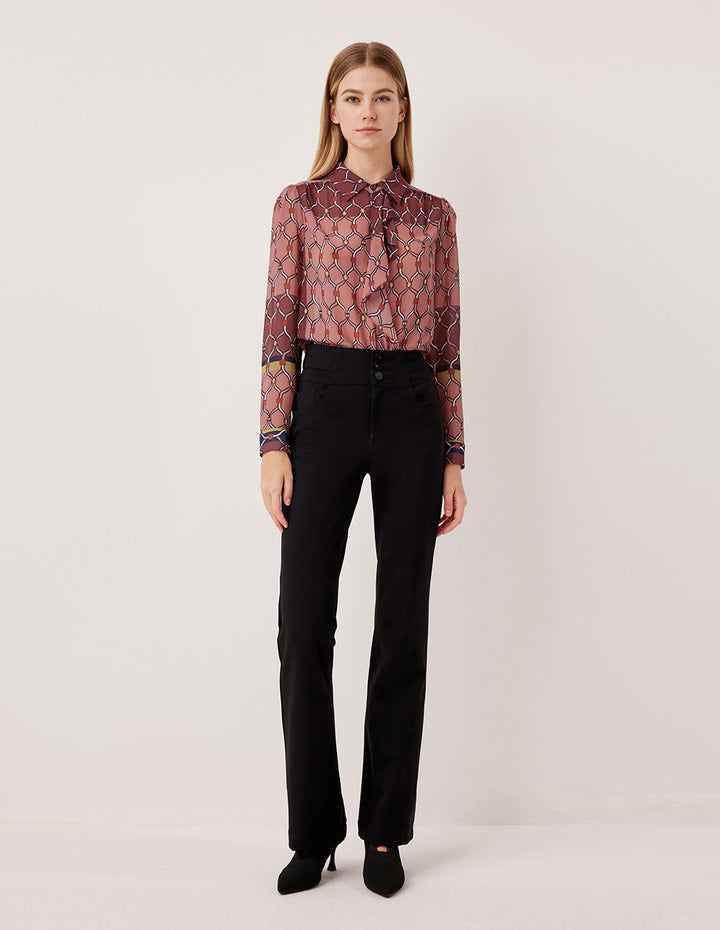 MARYLING Tie-Neck Long Sleeve Geometric Print Blouse