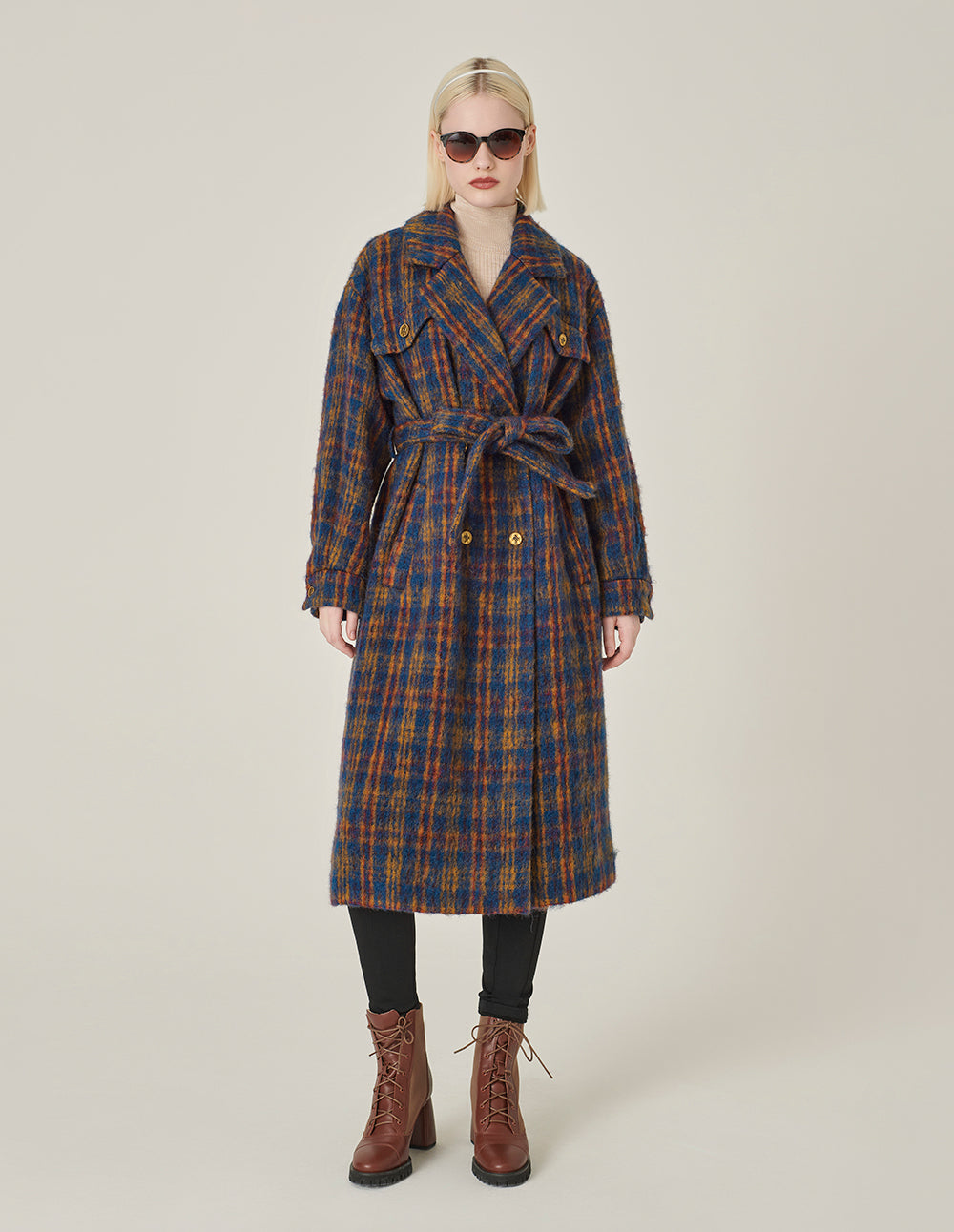 MARYLING Women's Lapel Double-Breasted Red & Blue Plaid H-Shaped Coat