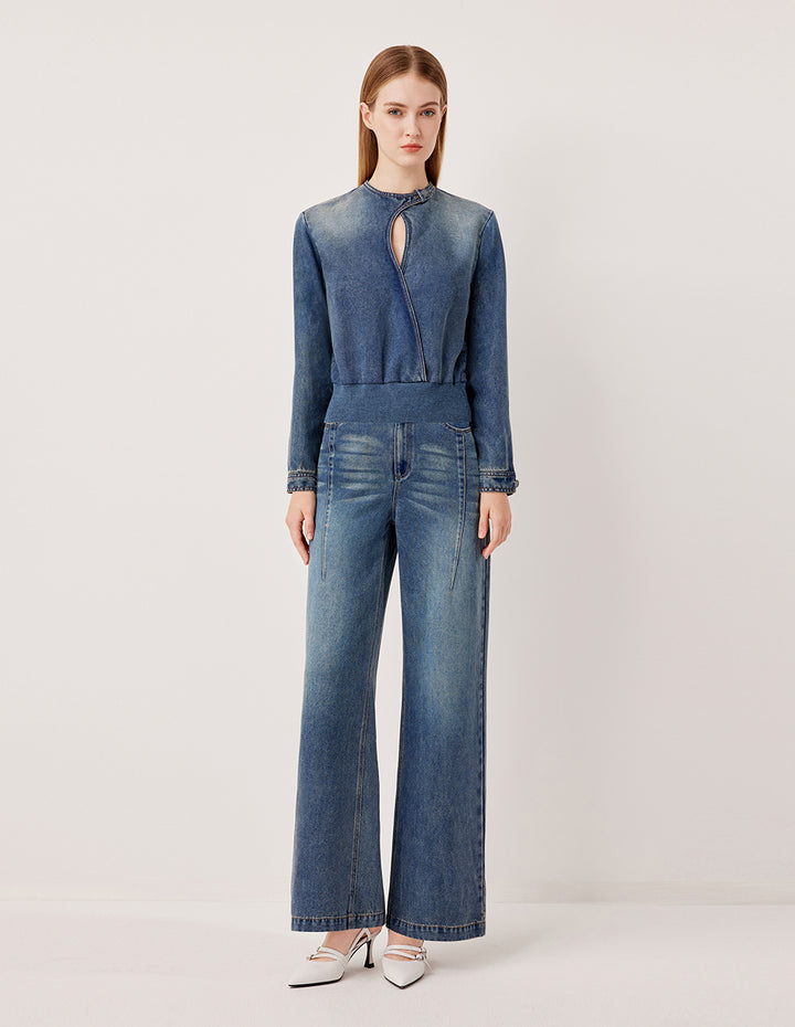 MARYLING Round Neck Hollow Long-Sleeve Cropped Biker Denim Jacket