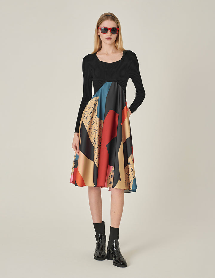 MARYLING V-Neck Printed Knitted Patchwork Dress