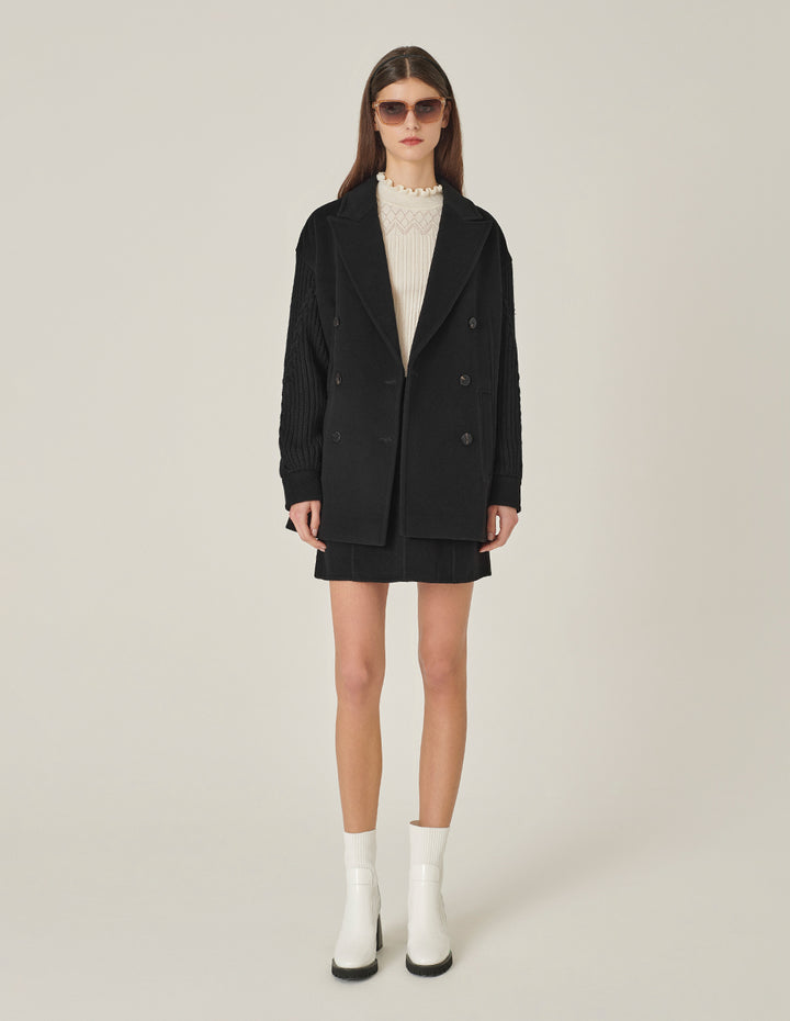 MARYLING Black Peak Lapel Double-Breasted Woolen-Sleeve Coat