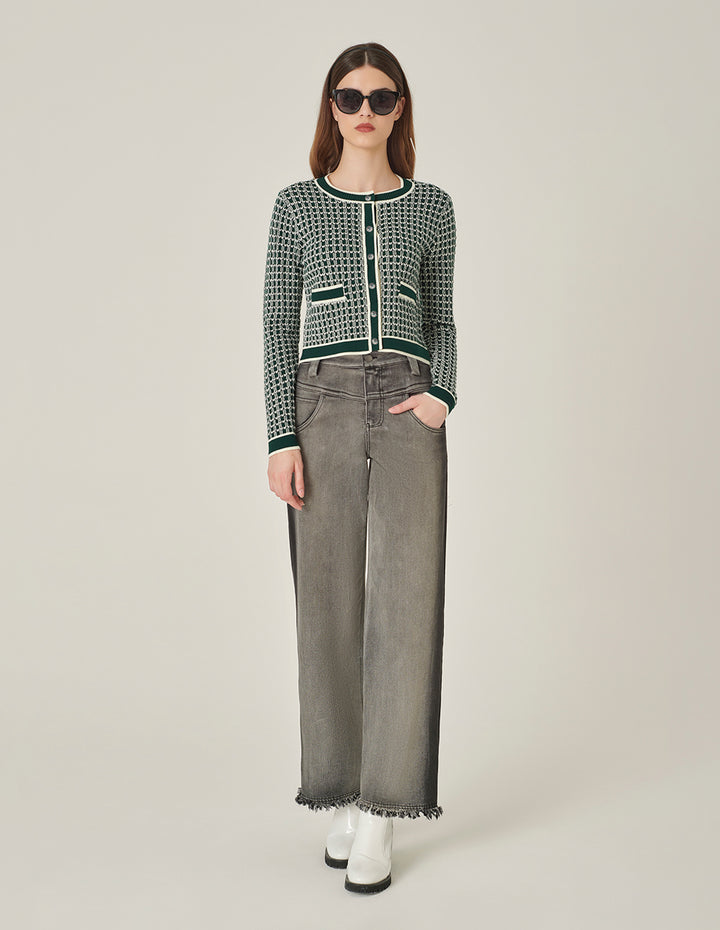 MARYLING Round Neck Glitter Checked Long-Sleeve Cropped Knitted Cardigan