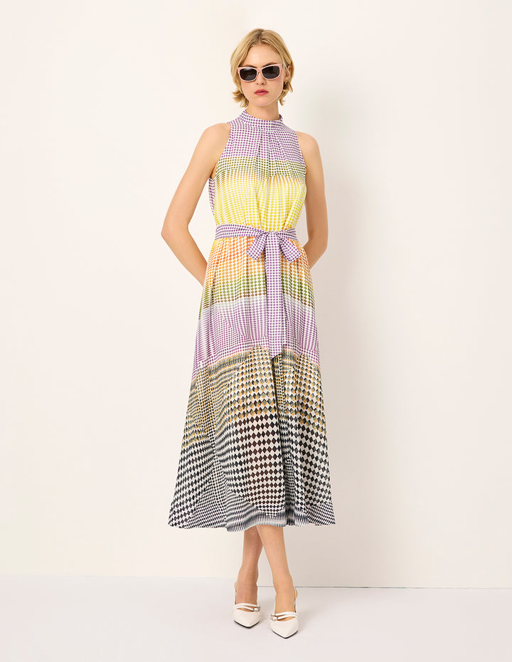 MARYLING Rhombus Print Sleeveless Empired Midi Silk Dress