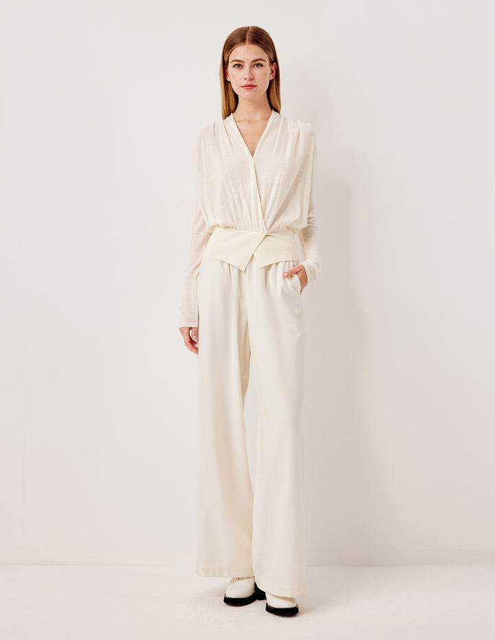 MARYLING V-Neck Long-Sleeved Ruched high-Waist Stretch Wool Knit Pullover