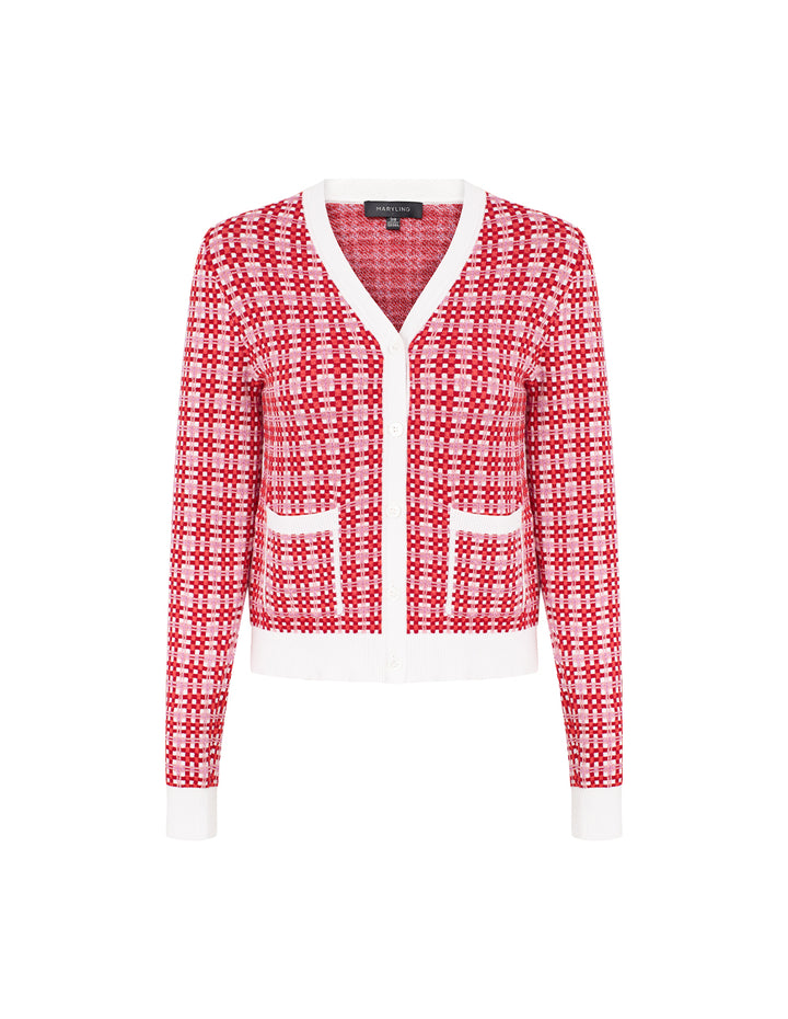 MARYLING V-Neck Red & White Checkered Long Sleeve Cardigan