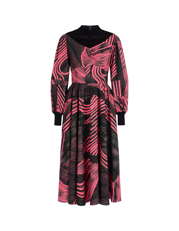 MARYLING V-Shaped Patchwork Knitted Printed Dress