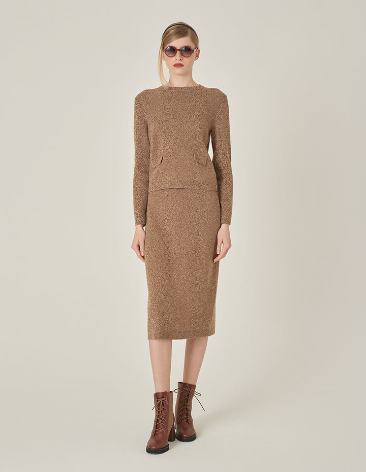 MARYLING Straight Knee-Length Apricot Mixed Yarn Skirt