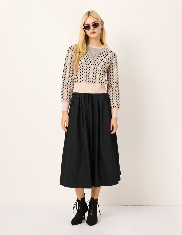 MARYLING Round Neck Bubble Sleeve Printed Cropped Knit Sweater