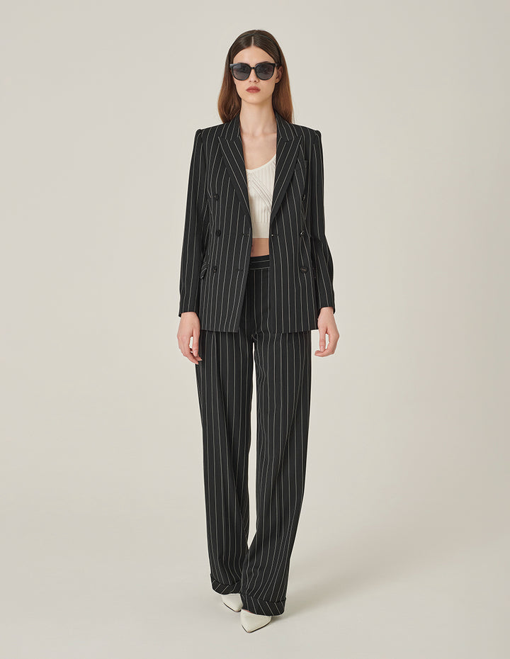MARYLING Striped Lapel Collar Double-Breasted Blazer
