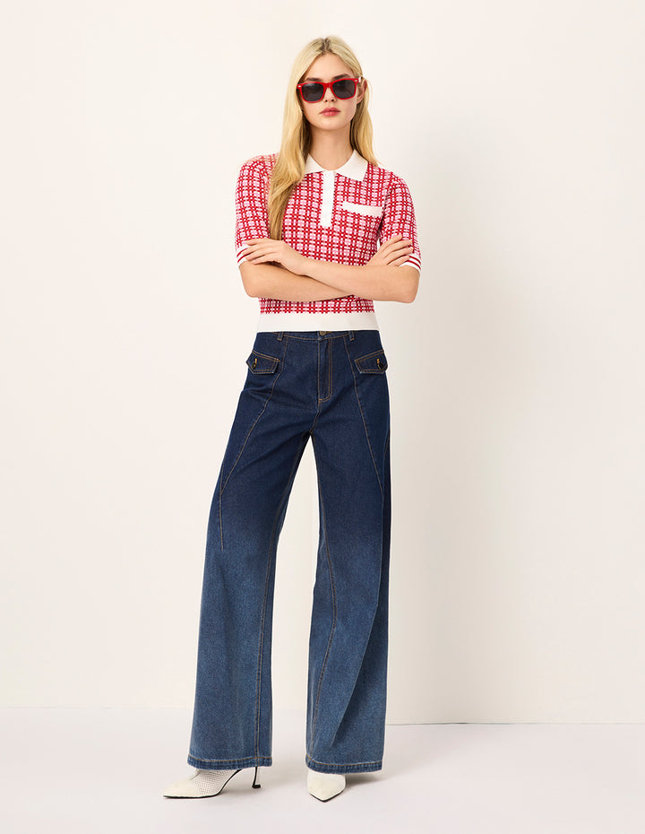 MARYLING Peter Pan Collar Red & White Checkered Short-Sleeves Sweater