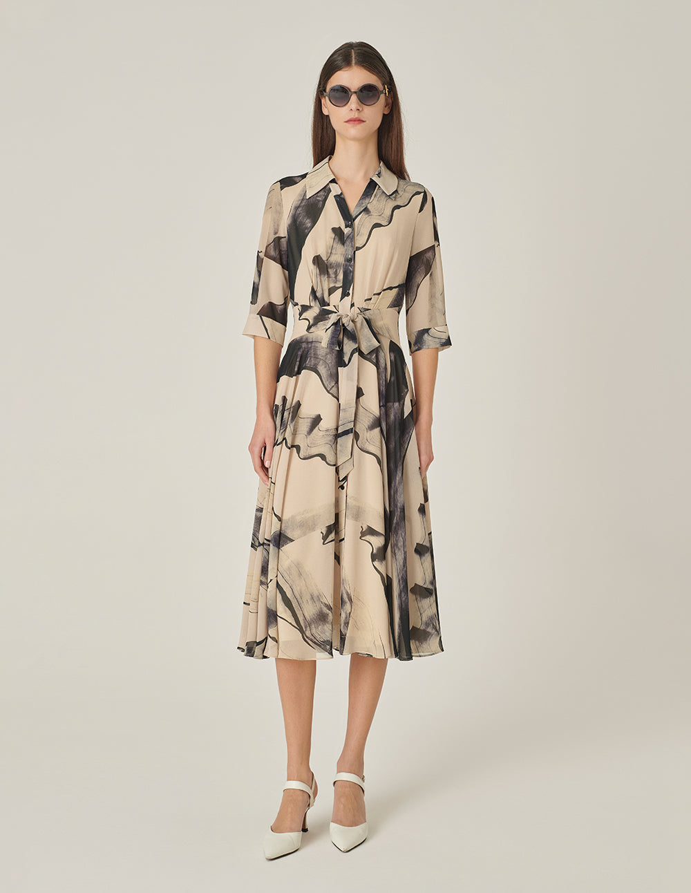 MARYLING 3/4 Sleeve Swing Print Shirt Dress