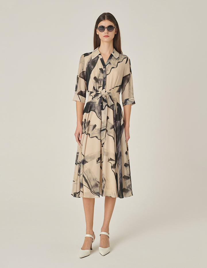 MARYLING 3/4 Sleeve Swing Print Shirt Dress