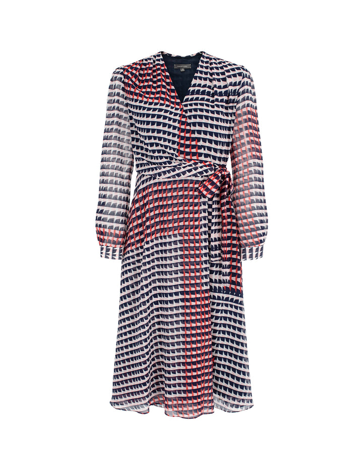 MARYLING V-Neck Long-Sleeve Houndstooth Wrap Midi Dress