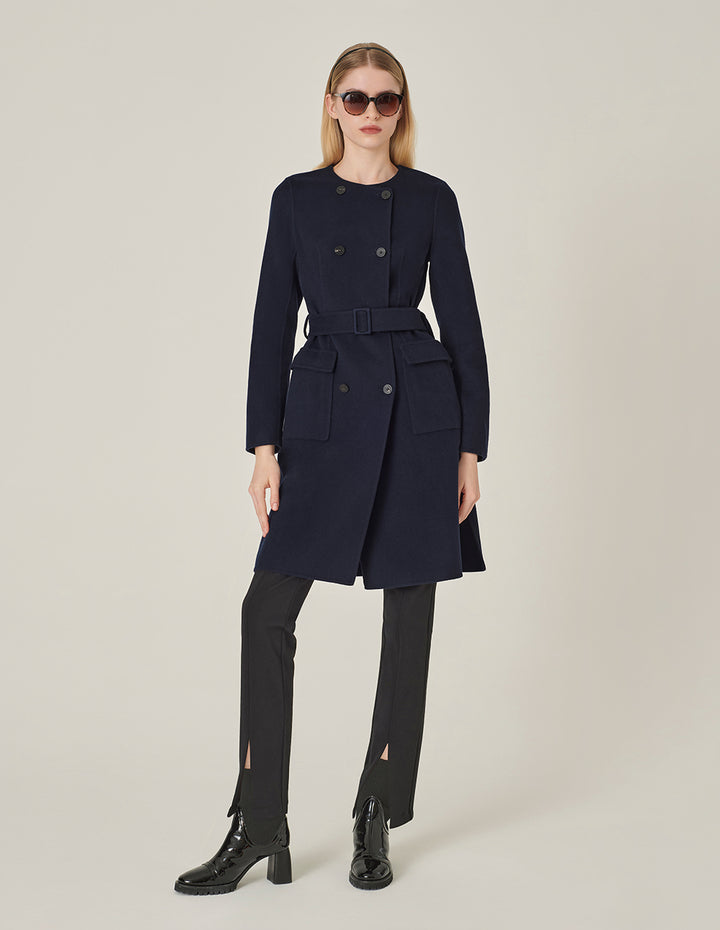 MARYLING Dark Blue Collarless Double-Breasted Coat