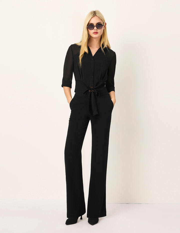 MARYLING Lapel Mid-Sleeve Belted Cropped Top