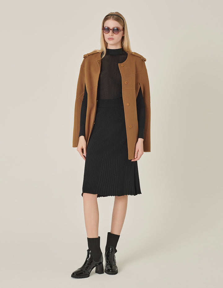 MARYLING Camel Silk Round Collar Cape Jacket