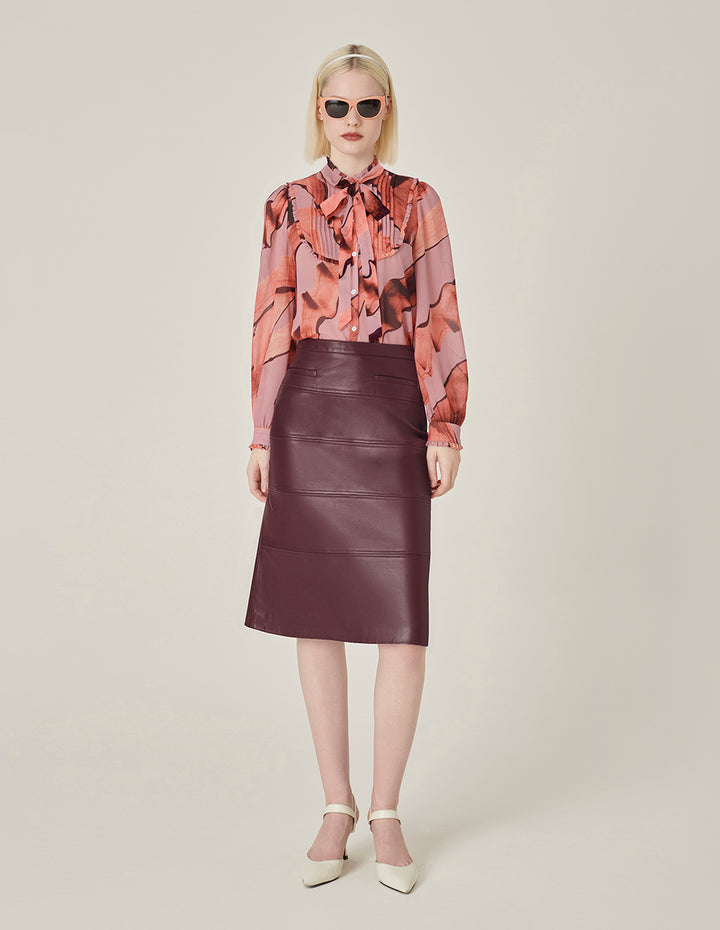 MARYLING Stand Collar Long-sleeve Printed Pink Blouse