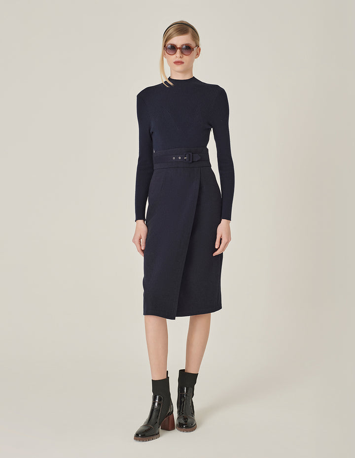 MARYLING Crew-Neck Long Sleeve Patchwork Sheath Slits Midi Knitted Wool Dress