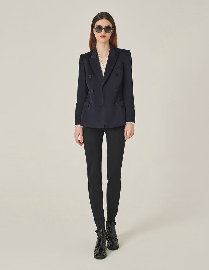 MARYLING Dark Blue Wool Lapel Double-Breasted Blazer