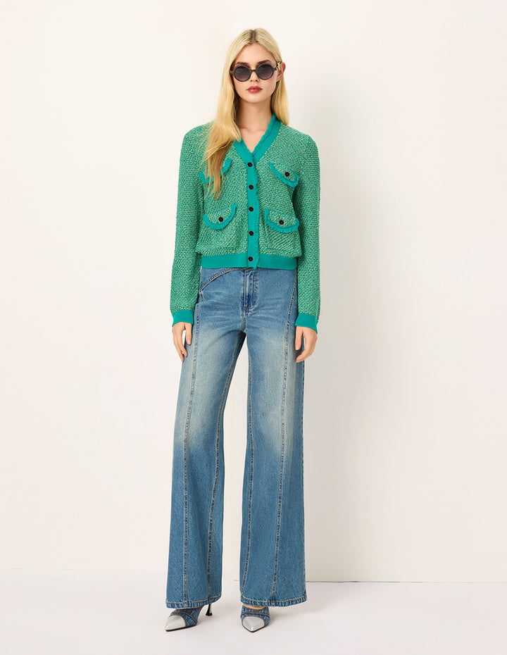 MARYLING V-Neck Long-Sleeve Fringed Multi-Pocket Knit Cardigan