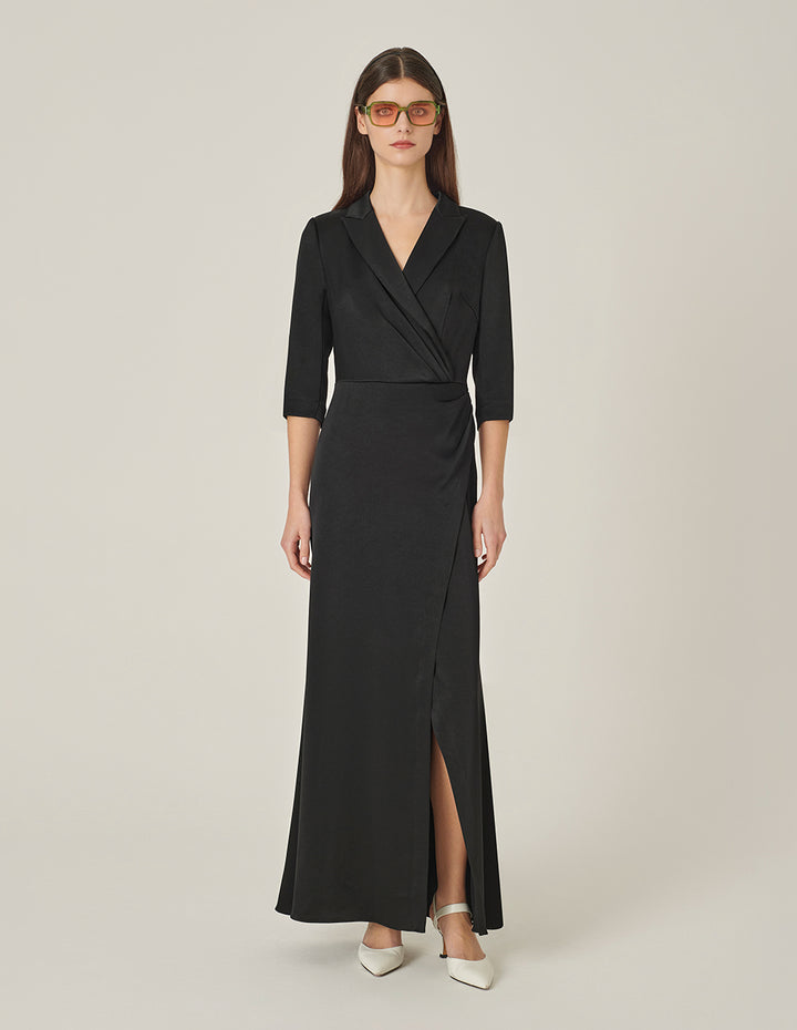 MARYLING Black Lapel Mid-Sleeve Slit Fishtail Evening-Dress