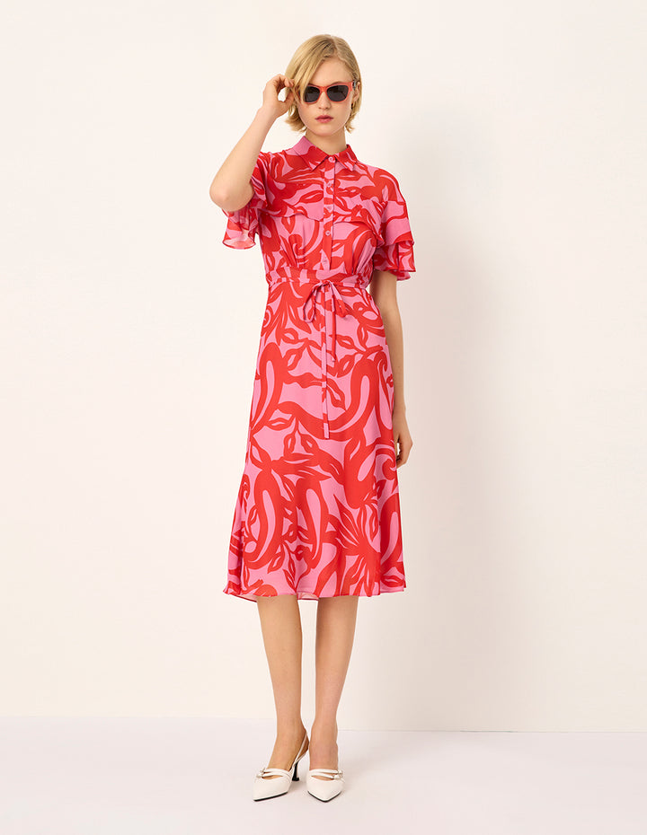 MARYLING Lapel Ruffle Short-Sleeve Floral Print Shirt Midi Dress