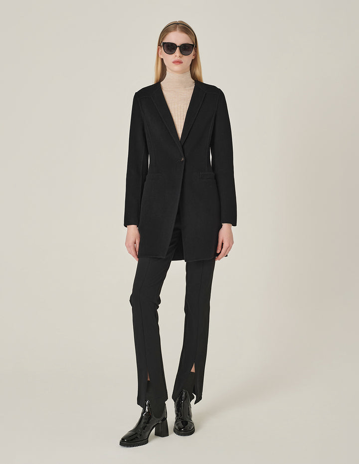 MARYLING Black V-Neck Single-Breasted Silk-Wool Coat