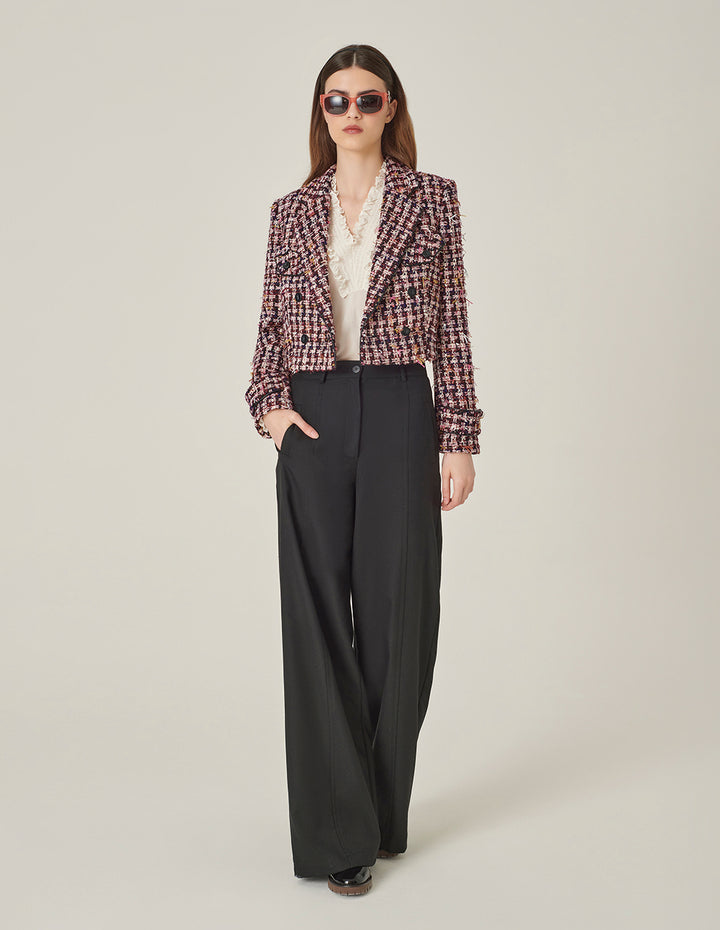 MARYLING Pink & Black Plaid H-Shaped Cropped Tweed Jacket